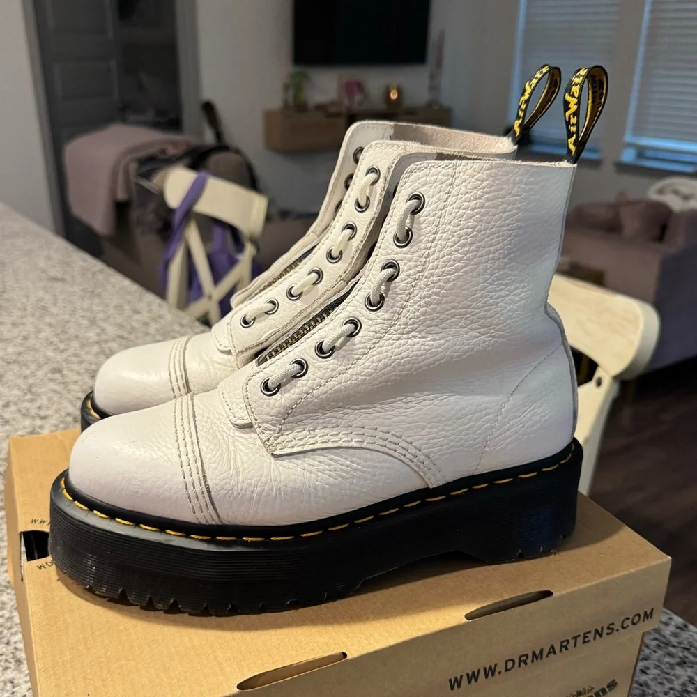 Dr. Martens White Leather Platform Zip Ankle Boots with Yellow Stitching